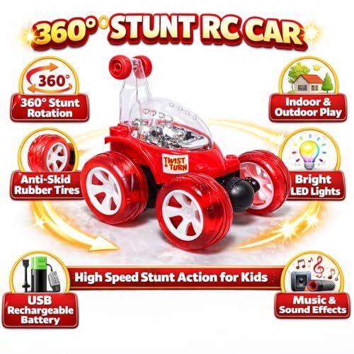 Image of SMART BOY Rechargeable 360 Stunt Remote Control Car for Kids with LED Lights, USB Charging, Anti-Skid Rubber Tires, 4WD RC Toy Car Indoor Outdoor Toy Gift for Boys Girls Age 3 4 5 6 7+ Years 9802RED