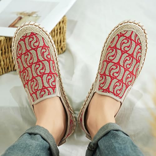 MILDSEVEN Fashion Men's Casual Linen Shoes, Slip On Traditional Chinese Breathable Footwear, Handmade Soft Retro Loafers,43,Red4