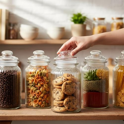 Image of STAR WORK 1500ml Airtight Glass Jar for Kitchen Storage, Clear Ribbed Glass Canister with Lid for Coffee Beans Sugar Tea Cookies Dry Food, Reusable Pantry Container (4)