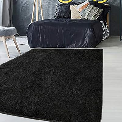 Tinzzi 5.3 ft x 7.5 ft Soft Fluffy Area Rug, Modern Shaggy Bedroom Rugs for Bedroom Bedside Living Room Carpet Nursery Floor Mat, Black