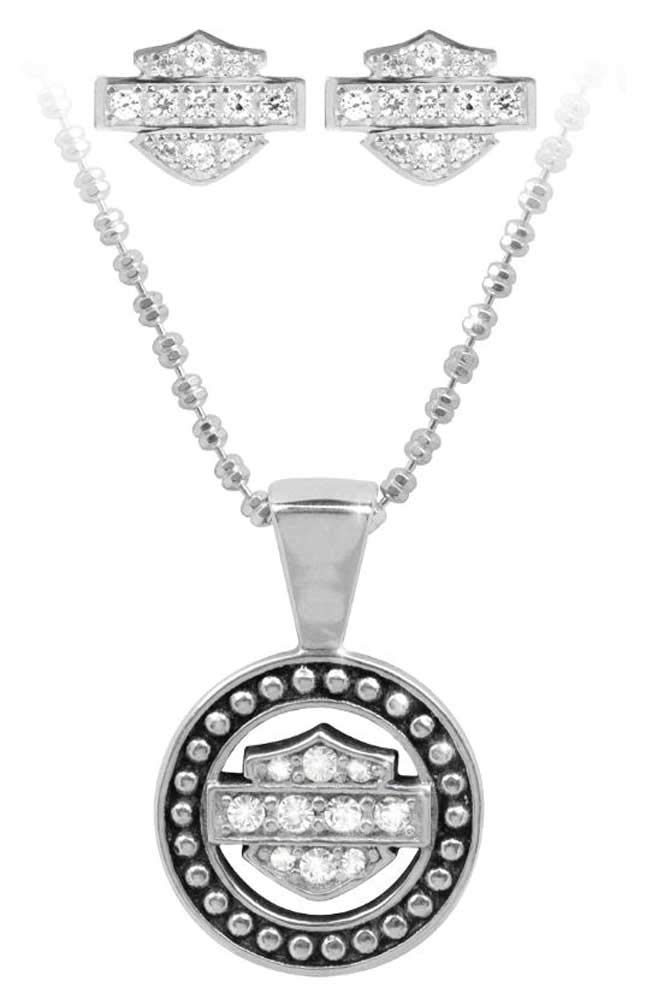Harley-Davidson Women's White Crystal B&S Necklace & Earring Set HDS0002-18