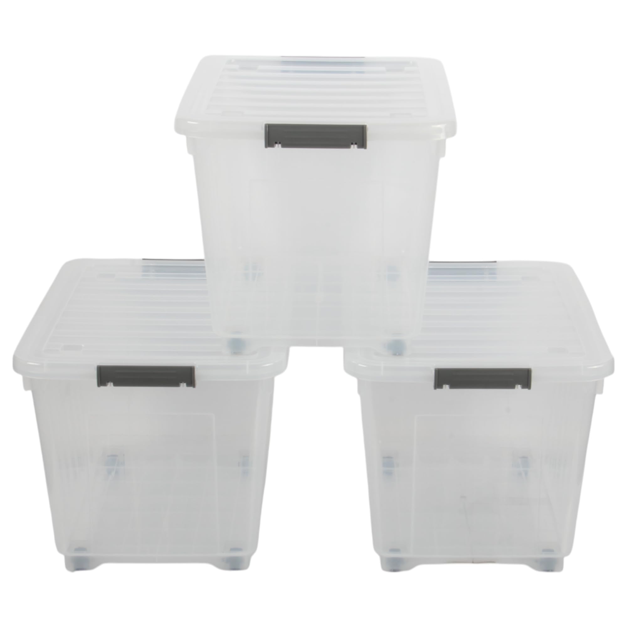 Jolie Max 27L Storage Boxes with Wheels, Durable Plastic Storage Containers with Lids, Stackable & Nestable Design with Side Latching Buckles, Transparent High-Grade Plasticβ 45 x 33 x 30 cm (3)
