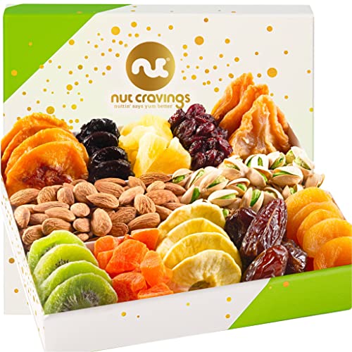 Dried Fruit & Nut Gift Basket in White Box (12 Piece Assortment) - Diwali Holiday Prime Arrangement Platter, Birthday Care Package Variety, Halloween Healthy Food Kosher Snack Tray for Women, Men