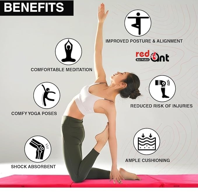 Image of Redant Exercise Yoga Mat Gymnastics Training Tumbling High Destiny Foam Foldable 72 x 24x 12 mm Foldable Traveling mat Yoga Mat for Men & Women 12 MM Thick Mat (Red)