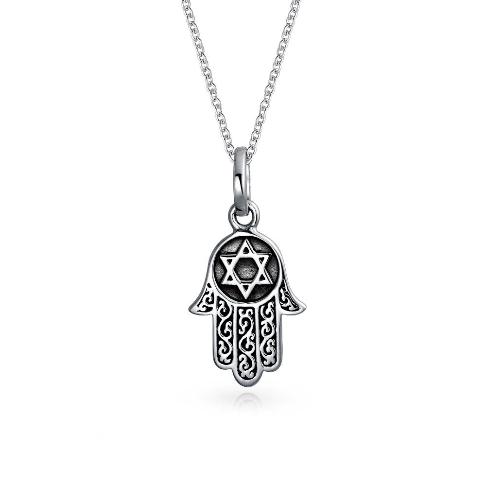 Personalizza Yogie Cubic Zirconia Blue CZ Amulet Talisman Hamsa Hand Of God Pendant Necklace Dangle Earring For Women Teen Jewelry Set Black Oxidized .925 Sterling Silver Personalizzabile
