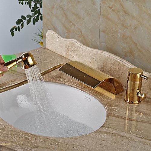 Mitigeur cascade baignoire laiton doré LED avec douchette manuelle