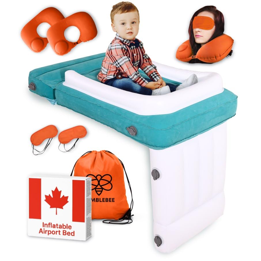 JUMBLEBEE Inflatable Toddler Airport and Airplane Bed – Kids Travel Bed with Safety Bumper, Seat Extender, Height Extender, Pump, Safety Belt, 2 Travel Neck Pillows & 2 Sleep Masks for Parents