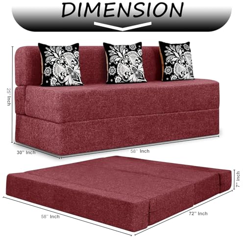 Image of Rosebell Three Seater Sofa Cum Bed | Jute Fabric Washable Cover | with 3 Printed Cushions Perfect for Guest | Red | 5' X 6' Feet