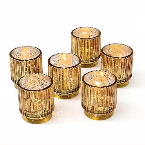 Kate Aspen Gold Votive Candle Holders - Vintage Ribbed Glass Candle Holder Set of 6 - Mercury Glass Tealight Holders for Christmas Table Decor, Holiday Centerpieces, Fall Thanksgiving Tablescape