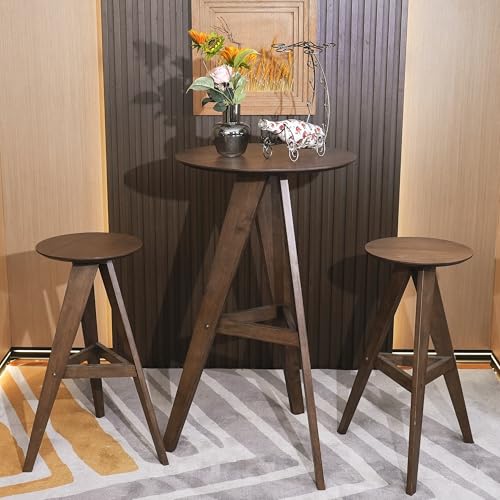 Image of CONSDAN Wood Bar Stools Set of 2, High Round Pub Chairs with Solid Wood Walnut Seat, Tall Bar Height Bistro Stools, Sturdy and Comfortable for Kitchen, Dining Room, or Home Bar, Modern Design