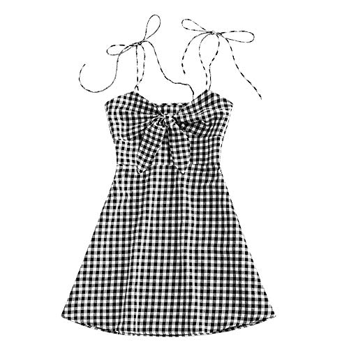 ZAFUL Women's Mini Dress Spaghetti Straps Sleeveless Boho Beach Dress (M, Black-Plaid Tied)