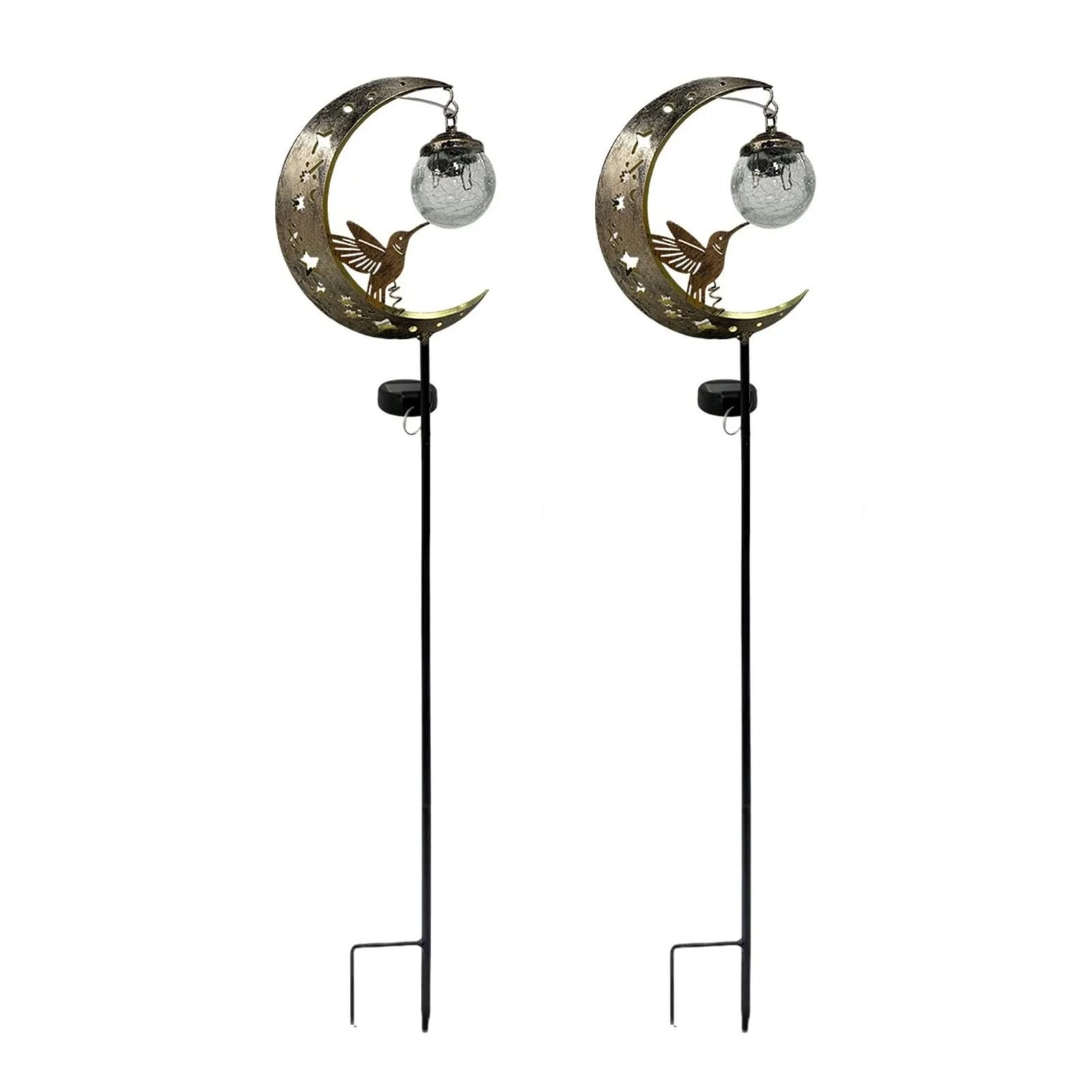 ZhzeYun Solar Hummingbird Moon Fairy Garden Light, Outdoor Metal Crescent Crackle Glass Stake Light, Garden Ornaments & Outdoor Decorations, Unique Gift for Mum Gardening A 2pcs