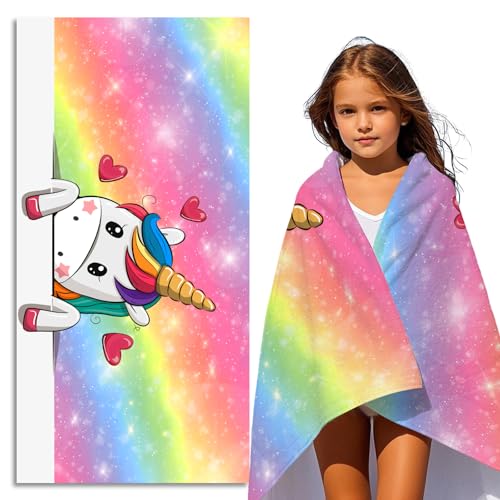 FEELJAM Strandtuch Einhorn 70 x 140 cm Kinder Badetuch Schnelltrocknendes, Mädchen Duschtuch Damen Strandhandtücher - Regenbogen Einhorn