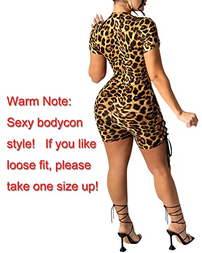 Zoctuo Women's Sexy Bodycon Jumpsuit Deep V Zipper Neck Short Sleeve Club Romper Clubwear(5102,Leopard,M) #TOP1