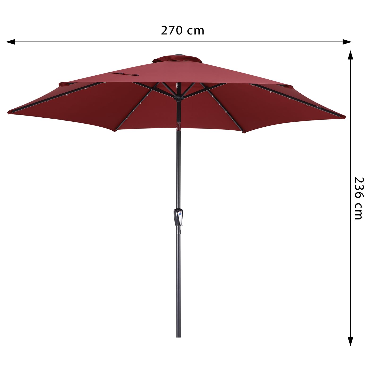 Kingsleeve® Sonnenschirm LED Beleuchtung UV Schutz 80+ Solar Schutzhülle 270cm Groß Kurbel Knickbar Balkon Terrasse Gartenschirm Marktschirm Rot
