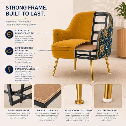 Image of Modern Accent Chair with Pouf | Fabric Armchair & Matching Footstool with Golden Legs | Comfortable Lounge Chair Set for Living Room, Bedroom & Homet (Mustard, Big Zara Floral with Puffy)
