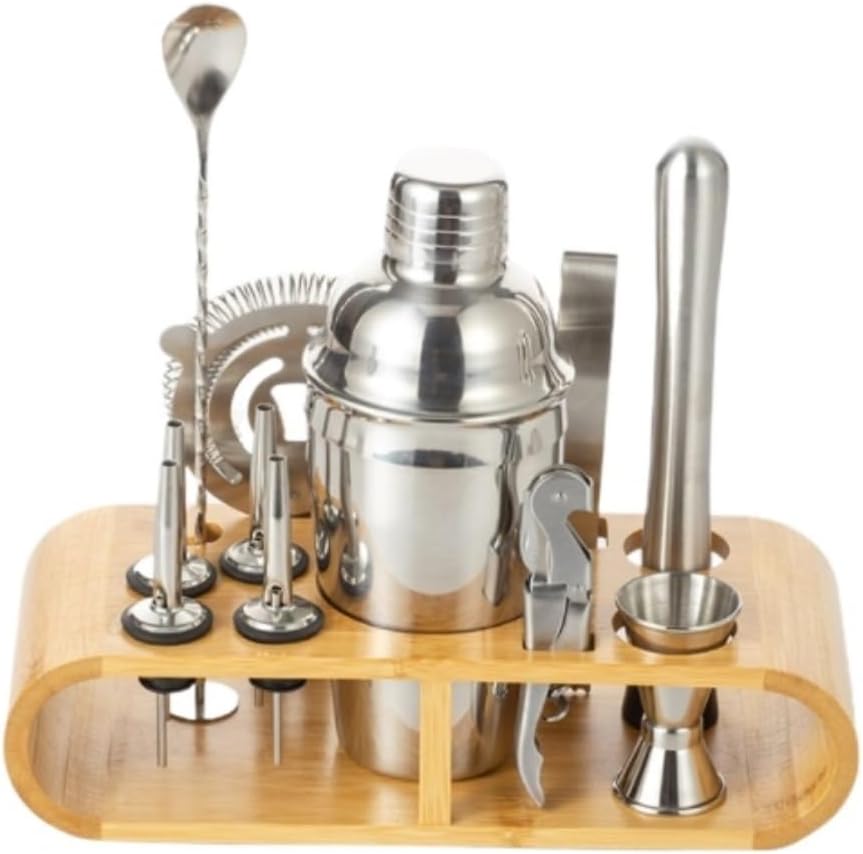 Set de Coctelera de Acero Inoxidable 12 Piezas con Soporte de Bambú