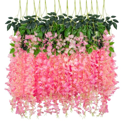 LUZOGA 12 Pack Artificial Wisteria Hanging Flowers Fake Wisteria Flower Silk Vines Rattan Decor for Home Wedding Arch Wall Garden Greenery Bedroom Outdoor Office Party Decoration (Dark Pink)
