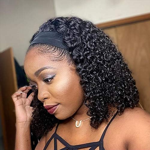 Glueless HeadBand Wig Curly Human Hair Wig None Lace Front Wigs for Black Women Deep Wave Machine Made Wigs Natural Color 180% Density (12inch)