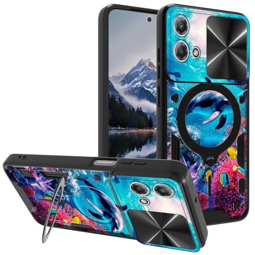 for Motorola Moto G-Stylus-5G-2023 Case, with Slide Camera Cover&Shockproof Bracket, Dual Layer Durable Heavy Duty Protective Cell Phone Case for Moto G Stylus 5G 2023,Deep Sea Corals Dolphin