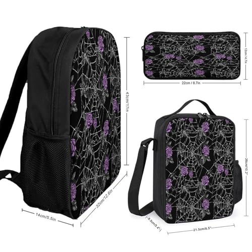 Spider Web Cobwebs Purple Rose Backpack Set 3 Pieces Backpacks Lunch Bag Wallet For Travel Outdoor Sports2