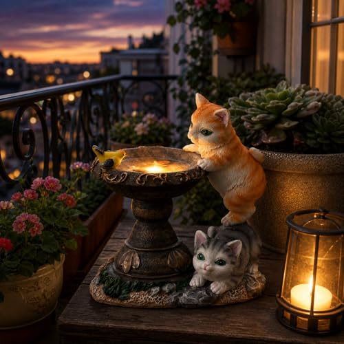 Image of XERGY Solar Powered Garden Decor Cute Cat & Bird Resin Statue with LED Bowl - Outdoor Decorative Lamp with Dusk to Dawn Sensor, Waterproof Light for Lawn,Terrace & Balcony Decor (Multicolor)