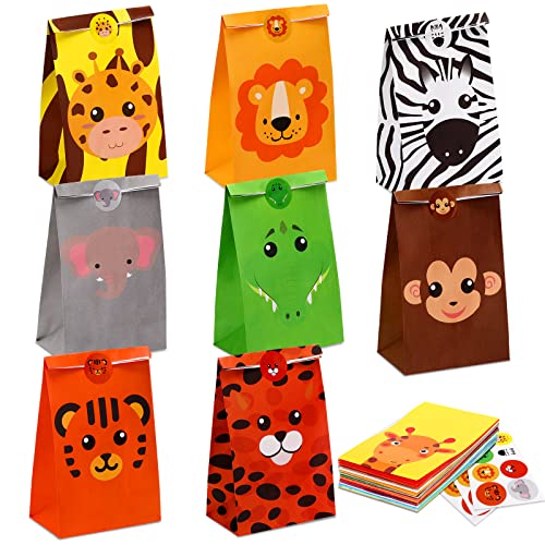 Sacs de bonbons de zoo colorés : 24 pochettes safari avec autocollants pour anniversaire
