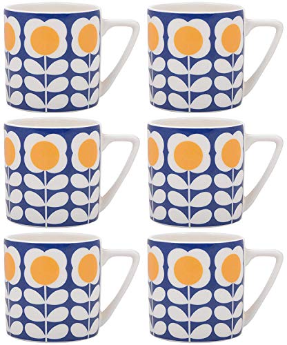 Image of Dandy Lines Bone China Coffee Mug, 200 ml, White & Blue, Set of 6, 35007