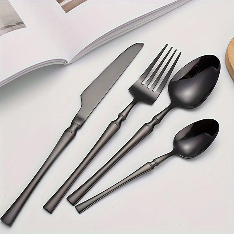 Image of aDai Matte Black Silverware Set | Satin Finish 4-Piece Korean Vintage Style Flatware Set | Dishwasher Safe Stainless Steel Cutlery for Home, Restaurant & Gifting