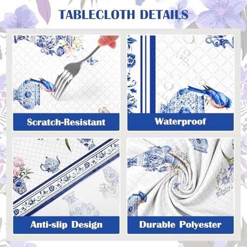 Arquiel Blue Vase Floral Rectangle Tablecloth, Machine Washable Chinoiserie Bird Tablecloth, 70 * 55 inch, Polyester Rustic Decorative Table Cover for Dinner Kitchen Party Outdoor by Arquiel - Used condition - Image 6