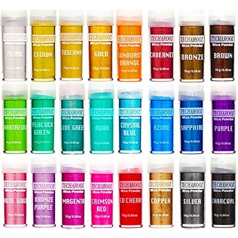 TECHAROOZ Mica Powder 24 Color Shake Jars Set - Cosmetic Grade Mica Pigment Powder for Soap Making, Epoxy Resin, Lip Gloss, Nails, Bath Bombs, Slime (10g per jar) Cover
