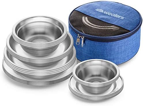 Wealers Stainless Steel Plates and Bowls Camping Set Small and Large Dinnerware for Kids, Adults, Family | Camping, Hiking, Beach, Outdoor Use | Incl. Travel Bag (24 Piece Set)