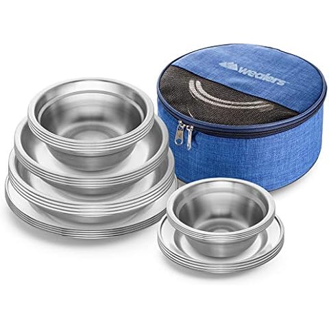 Wealers Stainless Steel Plates and Bowls Camping Set Small and Large Dinnerware for Kids, Adults, Family | Camping, Hiking, Beach, Outdoor Use | Incl. Travel Bag (24-Piece Kit) Cover
