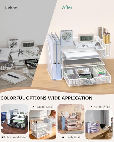 Image of WALI Desk File Organizer, 4 Tier Desktop Paper Letter Tray Organizer with Drawer and 2 Pen Holders, Office Desk Accessories & Workspace Organizers for Office, Home Supplies(DO005DH-W), 1 Pack, White