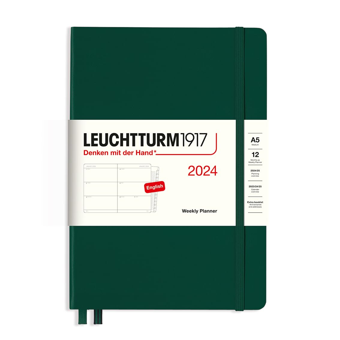 LEUCHTTURM1917 367608 Weekly Planner Medium (A5) 2024, 12 Months, Forest Green, English