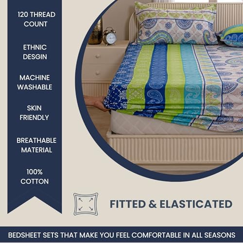Image of Swayam 100% Cotton King Fitted Bedsheet with 2 Pillow Covers | Size 72 x 78 x 10 inch | 144 TC | Ethnic Motifs Design | Soft Breathable Bed Sheet | Comfortable & Durable for Bedroom - Multicolor