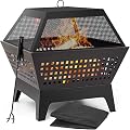 AMAGABELI GARDEN & HOME 24.4Inch Wood Burning Fire Pit for Outside with Spark Screen Lid Poker and Waterproof Cover Square Outdoor Firepit Heavy Duty for Camping Bonfire Patio Party Black