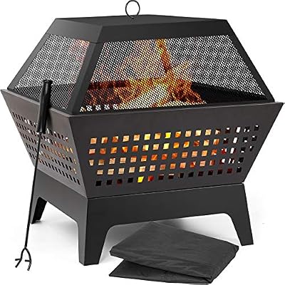 AMAGABELI GARDEN & HOME 24.4Inch Wood Burning Fire Pit for Outside with Spark Screen Lid Poker and Waterproof Cover Square Outdoor Firepit Heavy Duty for Camping Bonfire Patio Party Black