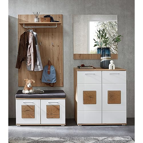 Lomadox Garderoben-Set 4-teilig in braun mit weiß | Flurgarderobe in Eiche mit weiß Hochglanz | Garderobenpaneel, Flurbank, Schuhschrank, Spiegel Lomadox Garderoben-Set 4-teilig in braun mit weiß | Flurgarderobe in Eiche mit weiß Hochglanz | Garderobenpaneel, Flurbank, Schuhschrank, Spiegel