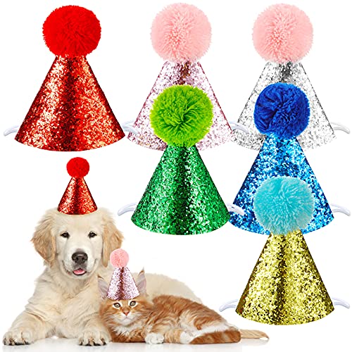 6 Pieces Dog Birthday Hat For Pets Party Decoration Accessories Pet Headband Hats Charms Grooming Accessories, Gold, Silver, Red, Blue, Green, Pink #TOP22