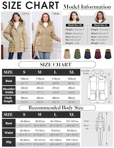 Lonya Winterjacke Damen Parka Winter Mäntel Fleecejacke Warm Mittellang Wasserabweisend Dicke Coat mit Kapuze Khaki,XL