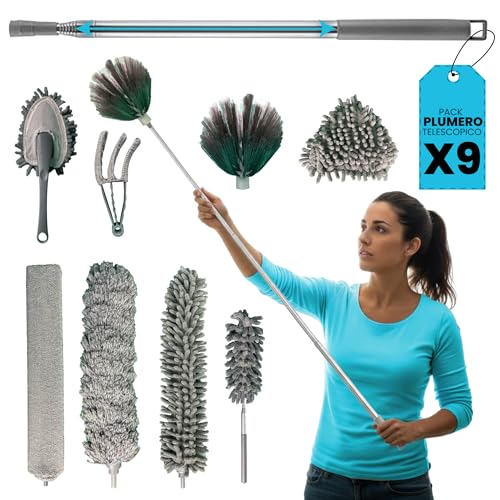 PRIME ESSENTIALS® Plumero Atrapapolvo Lavable I Plumero telescópico Extensible 215 cm Longitud I 9 Piezas I Duster Extensible Ideal para Limpieza de Techo, Ventiladores y Muebles.