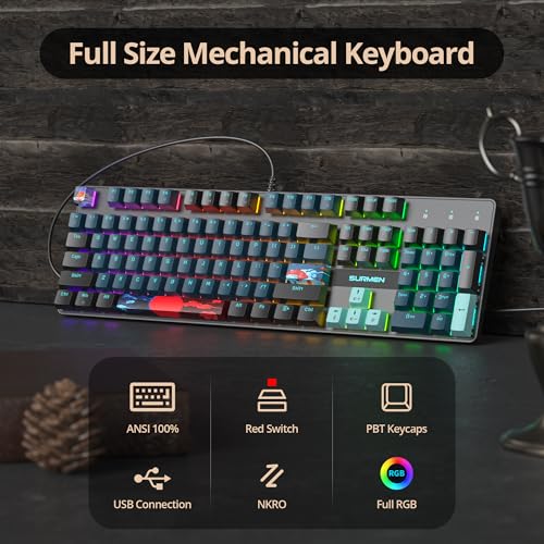 Image of Full Size Mechanical Keyboard, Creamy Keyboard with Number Pad, 104 Keys Wired Gaming Keyboard with Red Switch, RGB Backlit for PC Laptop