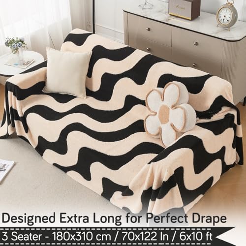 Image of HOKIPO Luxury Plush Sofa Cover Throw for 3 Seater Sofa | Soft Sofa Throw for Complete Sofa Protection, 'Noirea Series' Wavy Stripe (180x310 cm) (AR-6653-D3)