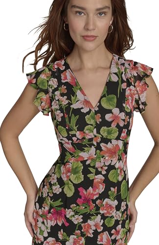 Image of Tommy Hilfiger Women's Flutter Sleeve V-Neck Ruffle Trim Hi-Lo Midi Dress