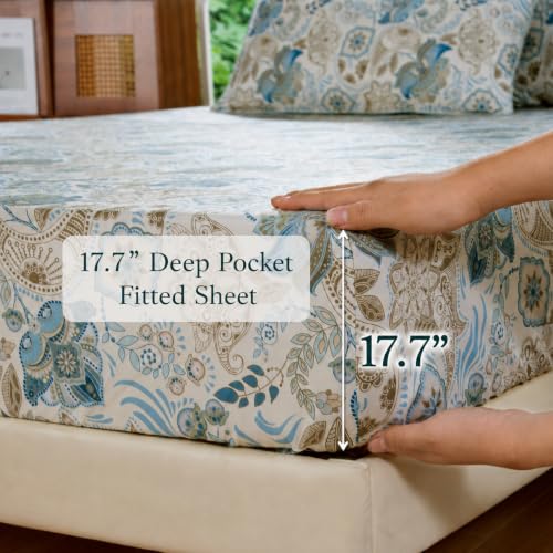 Image of FADFAY Cal King 100% Egyptian Cotton Blue Paisley Sheets Set 4 Piece, Vintage Botanical Cottagecore Floral Bedding, Luxury Soft Breathable Farmhouse Bedding with Deep Pocket Fitted Sheet All Seasons