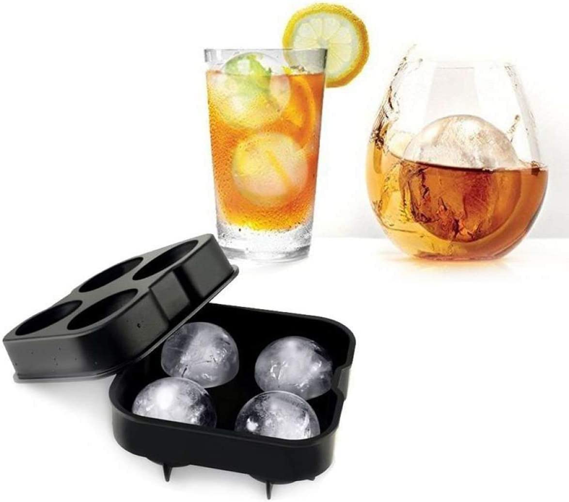 Ice Ball Mold, Big Round Ice Cube Tray for Whiskey Cocktail Drinks, Large Silicone Reusable Ice Sphere Maker Set (4 Big Ball Capacity)