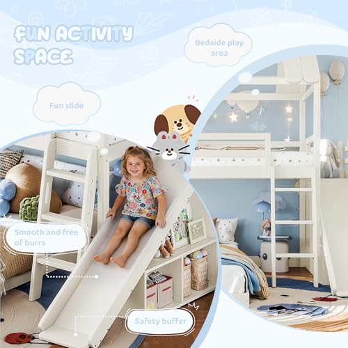Image of Bellemave Twin Over Full House Bunk Bed with Slide and Storage Shelves for Kids,Solid Wood Floor Bunk Bed Frame with Wardrobe and Inclined Ladder for Girls Boys,Beige
