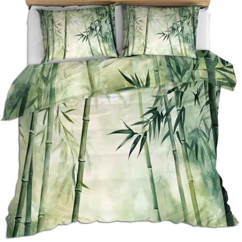 Bamboo Leaves Duvet Cover Queen Size - Ink Painting Bamboo Duvet Cover Set with Zipper Closure, 3 Pieces Soft & Breathable Asian Style Comforter Cover Sets