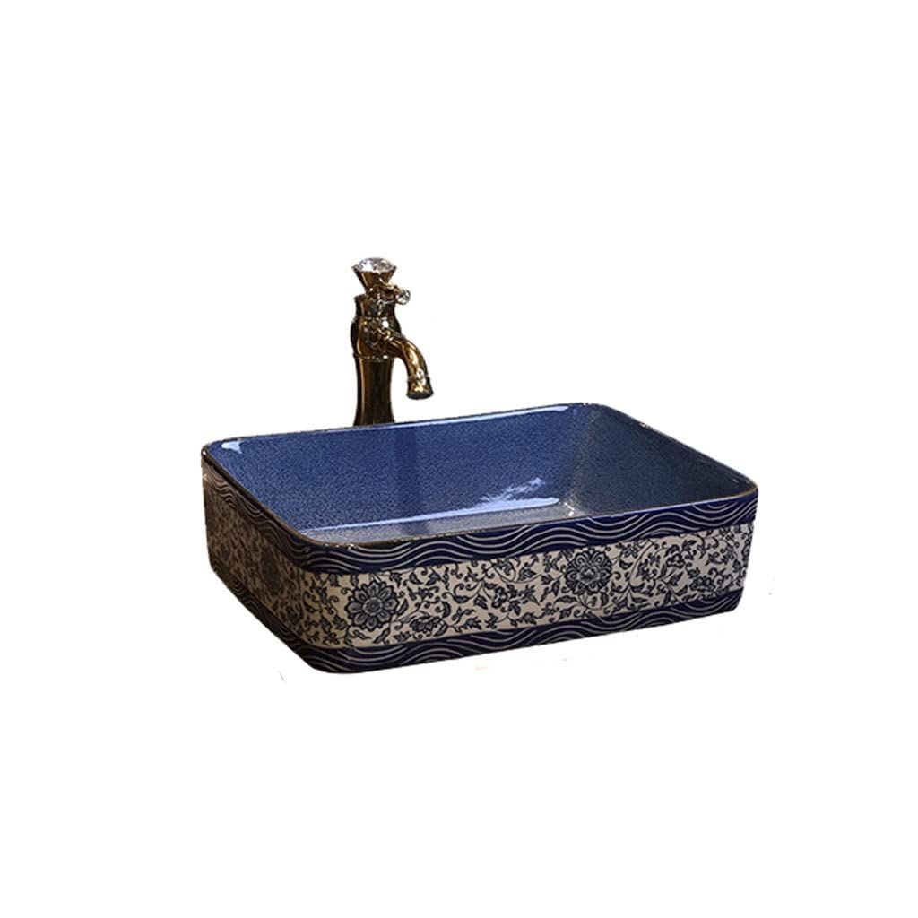 AYCDL Vanity Sink Basin Bathroom Vessel Sink Chinese Style Art Countertop Basin Bathroom Utensils Sink Rectangular Ceramic Washbasin with Faucet Bathroom Vanity